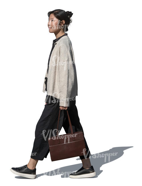 korean woman walking in side view