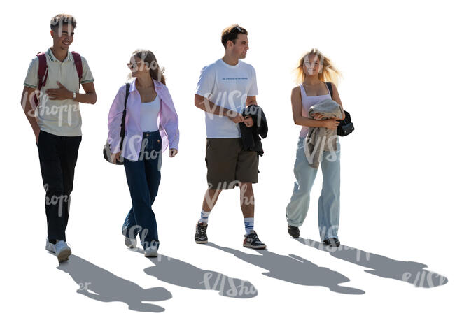 cut out backlit group of four people walking