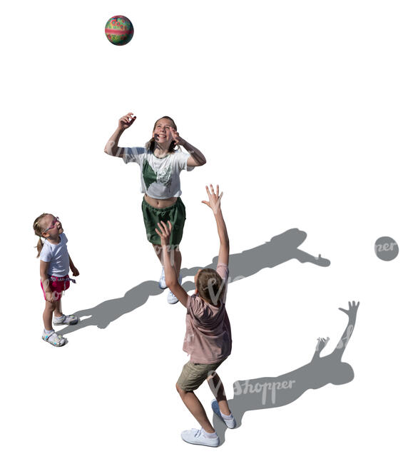 top view of three kids jumping and playing ball