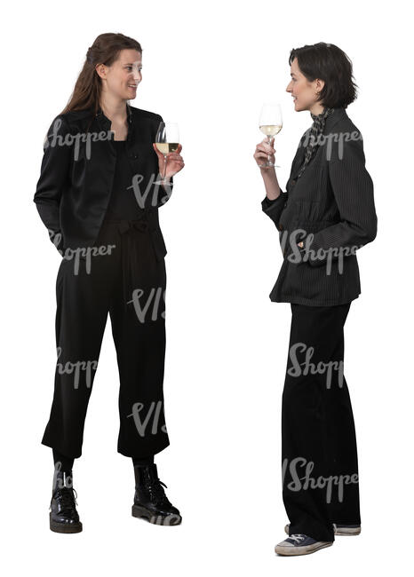 two cut out women standing at a party and drinking wine