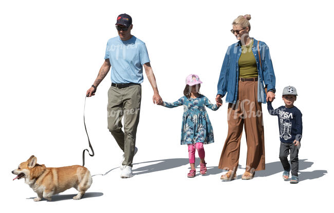 cut out family with kids and a dog walking hand in hand