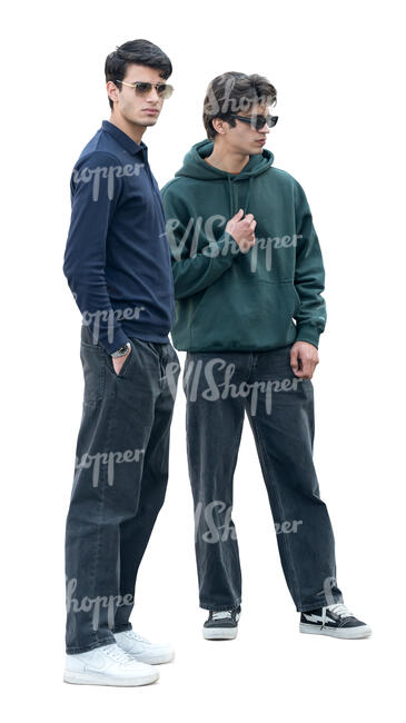 two men standing and looking around