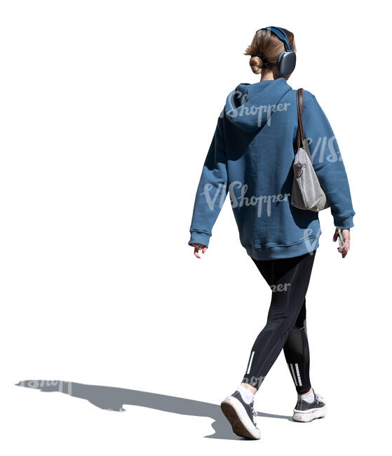 cut out woman with headphones walking