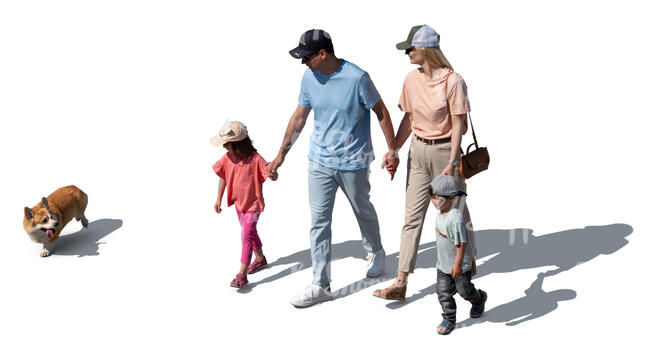 parents walking with children seen from above