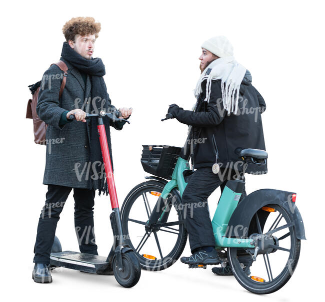 man with a scooter meeting a woman on a bike