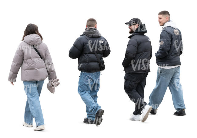 cut out group of four friends walking