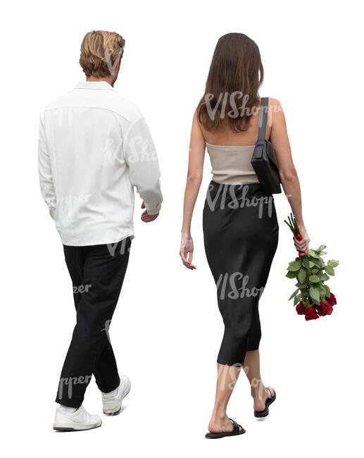 man and woman with red roses walking