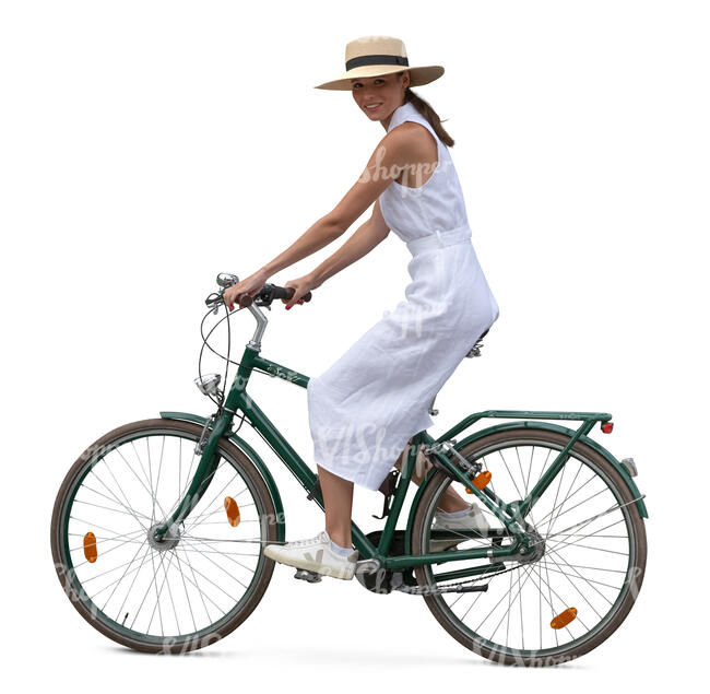 woman in a dress riding a bicycle seen from side view