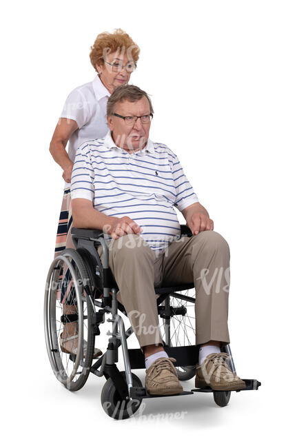 cut out elderly woman caring for a man in a wheelchair