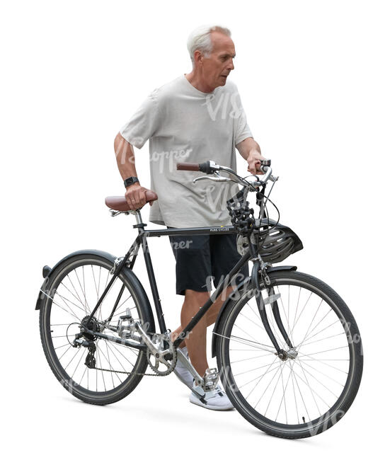 cut out sporty senior man with a bicycle walking
