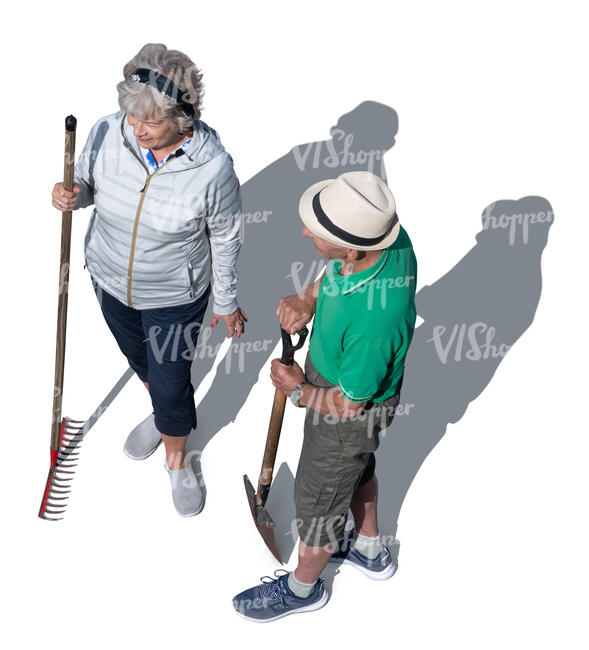 top view of an elderly couple working in the garden