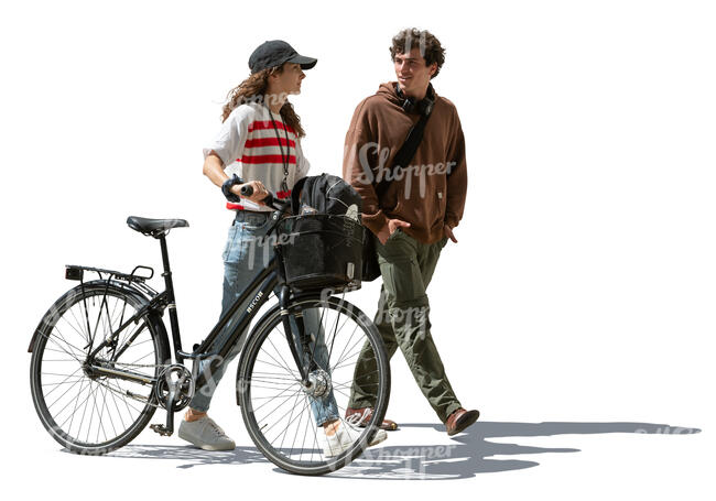 cut out woman with a bike walking with a male friend