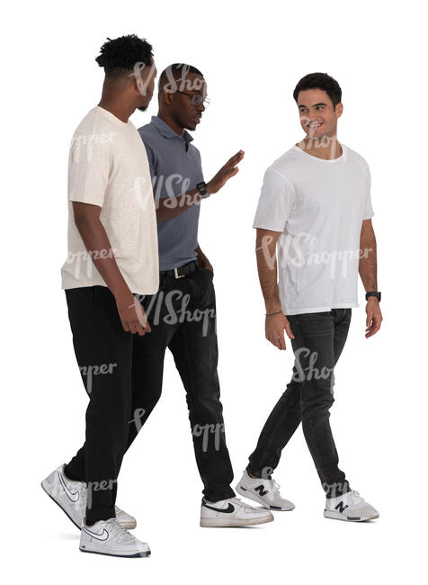 three cut out men walking and talking
