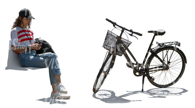 cut out woman sitting outside near her bike