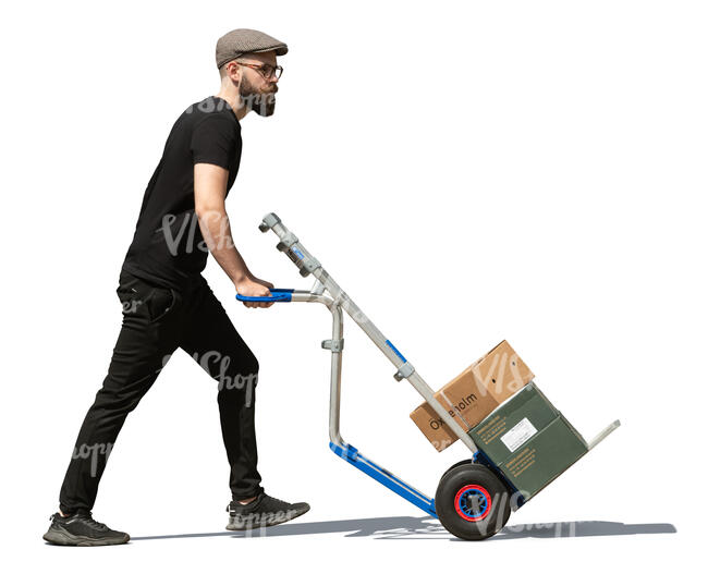 cut out man transporting boxes with pallet truck