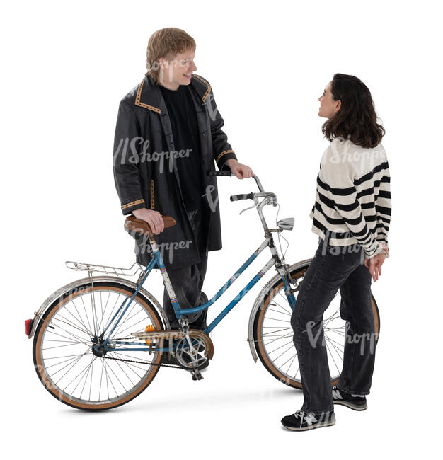 top view of a man with a bike talking to a female friend