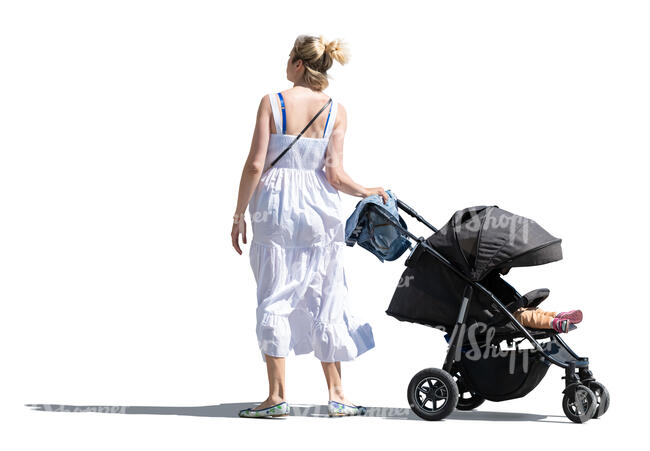 cut out woman in a white summer dress with a stroller standing
