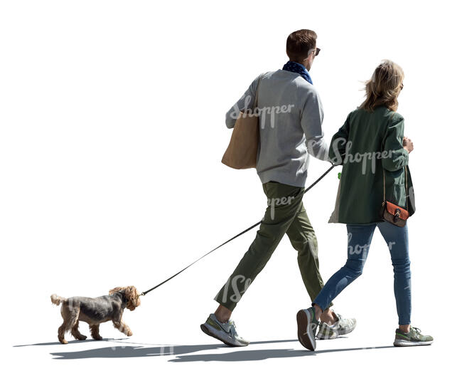 cut out couple with a dog walking in the street