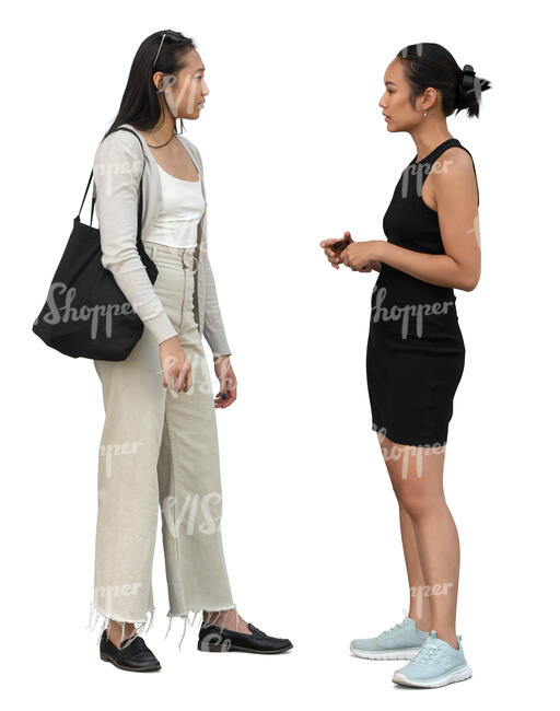 two cut out young asian women standing and talking