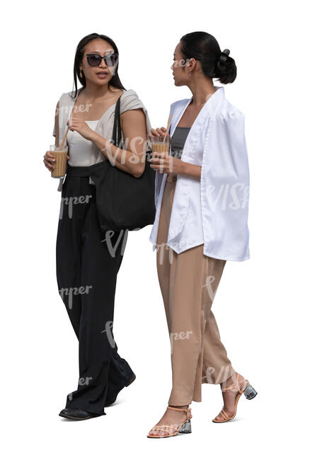 two asian women with coffee drinks walking