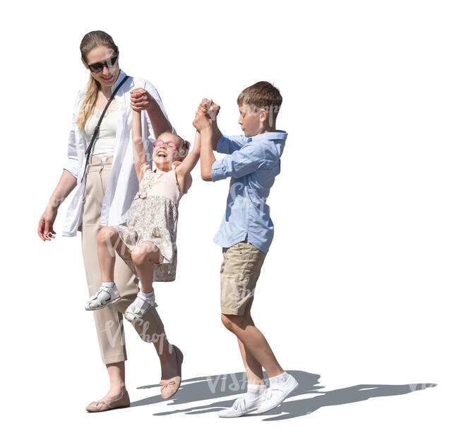 mother and son walking and swinging a little sister