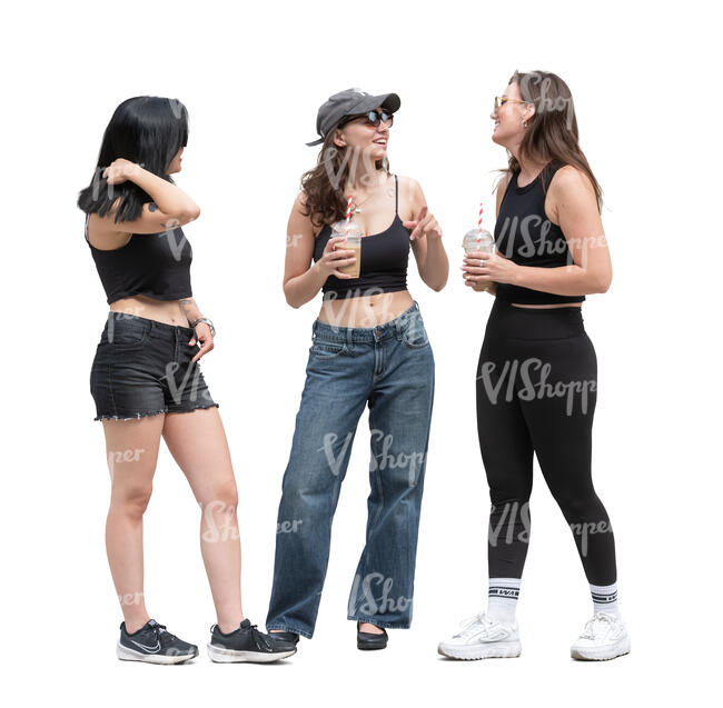 three cut out women happily talking at a casual party