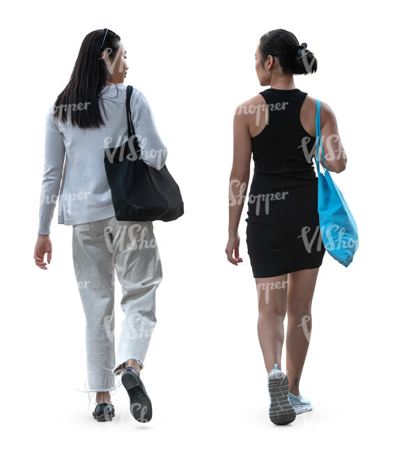 two young asian women walking seen from back angle