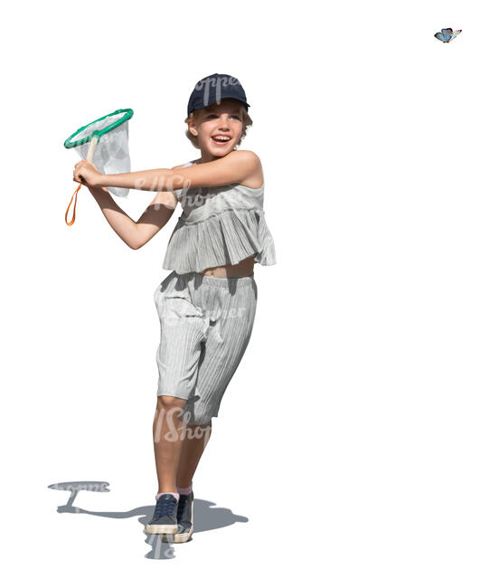 cut out girl with a butterfly net running happily