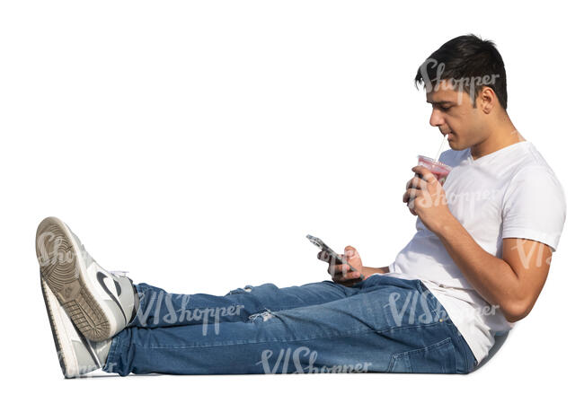 cut out man sitting outside and looking at his phone