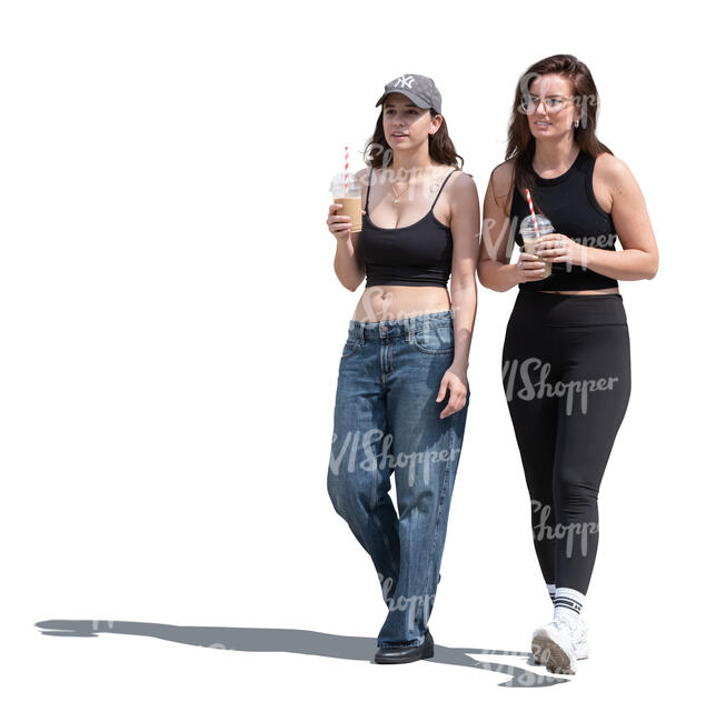 two women in summer with drinks walking