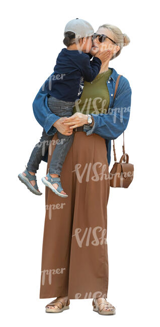 cut out woman holding his small son in her arms