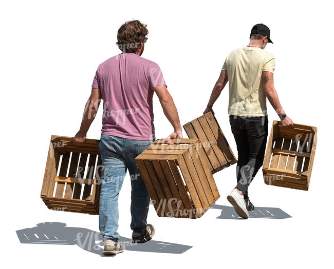 two men carrying wooden crates