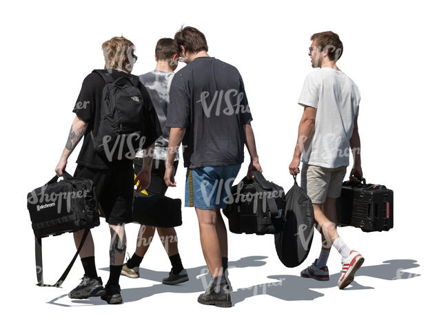 cut out group of men carrying filming equipment walking