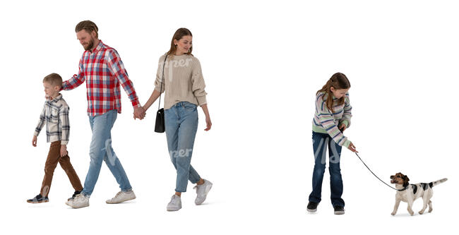 cut out family with kids and a dog walking