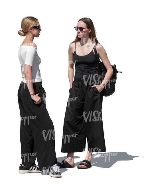 two women standing outside in the sun and talking