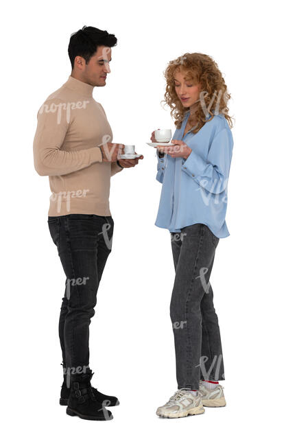 man and woman standing and drinking coffee 