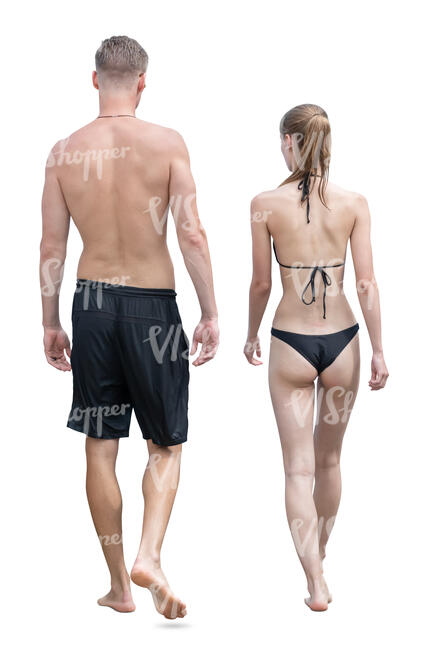man and woman at the beach in swimming clothing walking