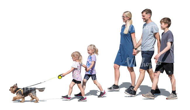 cut out family with little kids and a dog walking