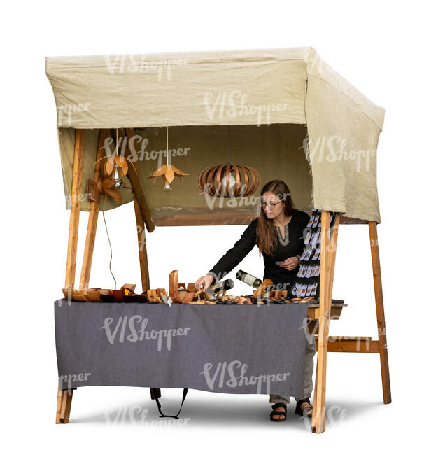cut out market stand with a woman selling products