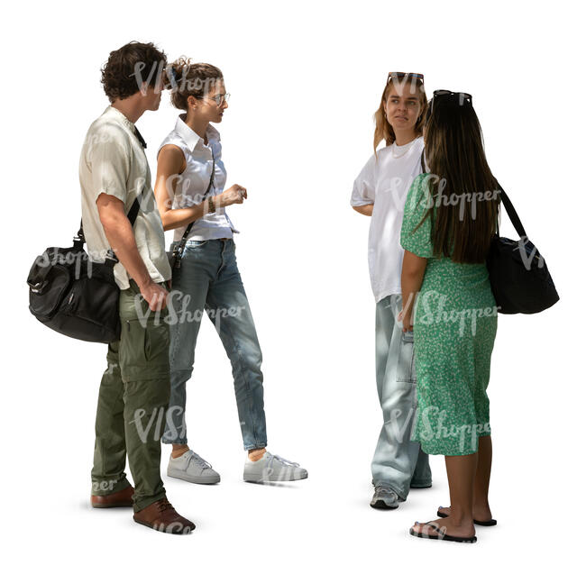 cut out group standing and talking in partial sunlight