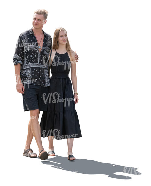 cut out backlit couple walking on a warm summer day
