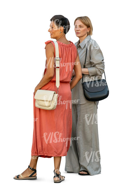 two cut out women standing together and looking around