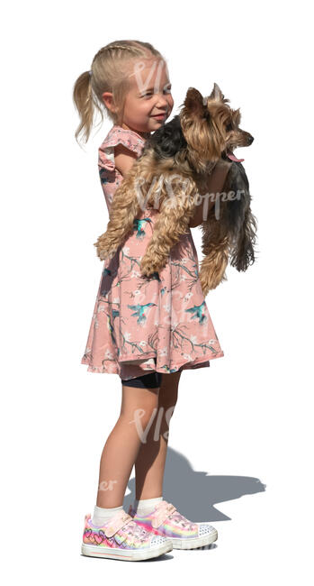 cut out little girl holding a little dog in her arms