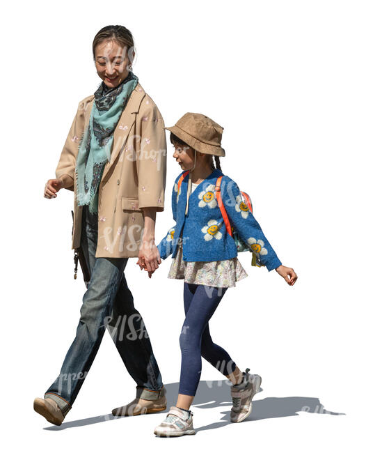 japanese woman and her daughter walking hand in hand