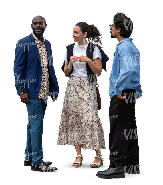 group of three people standing and talking