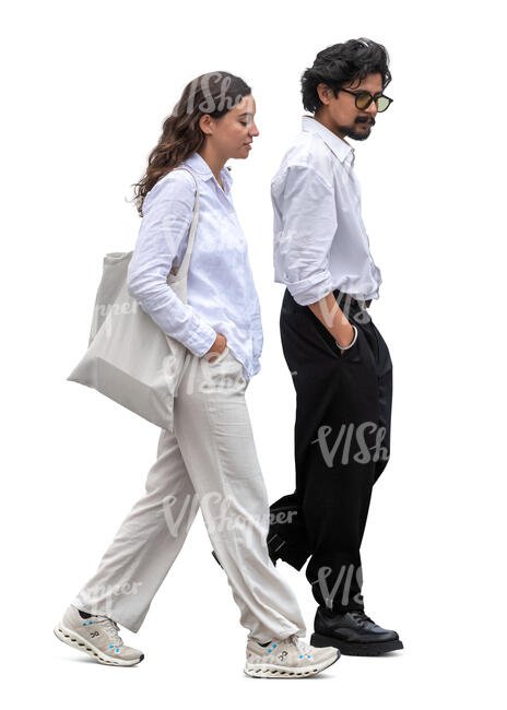 profile view of dark haired man and woman walking 