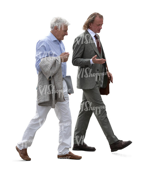 two senior businessmen walking and talking