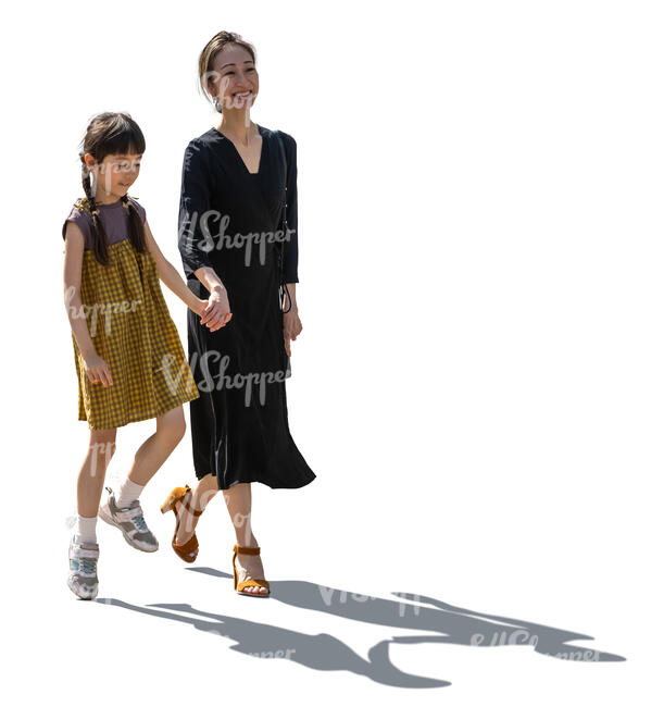 cut out backlit asian woman and child walking happily