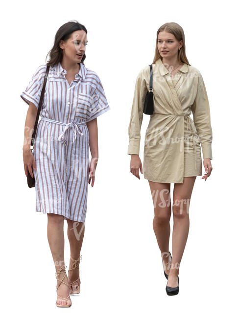 two women on high heels and wearing dresses walking