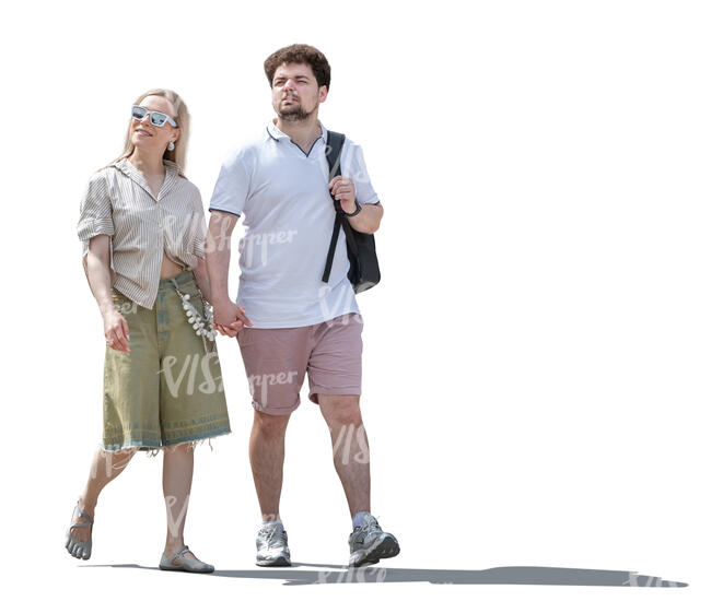 backlit couple walking and looking around
